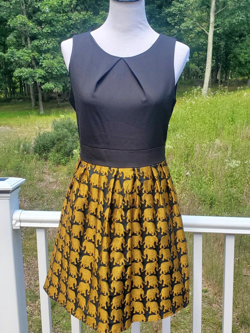 Midi Dress with Gold Elephant Jacquard Skirt